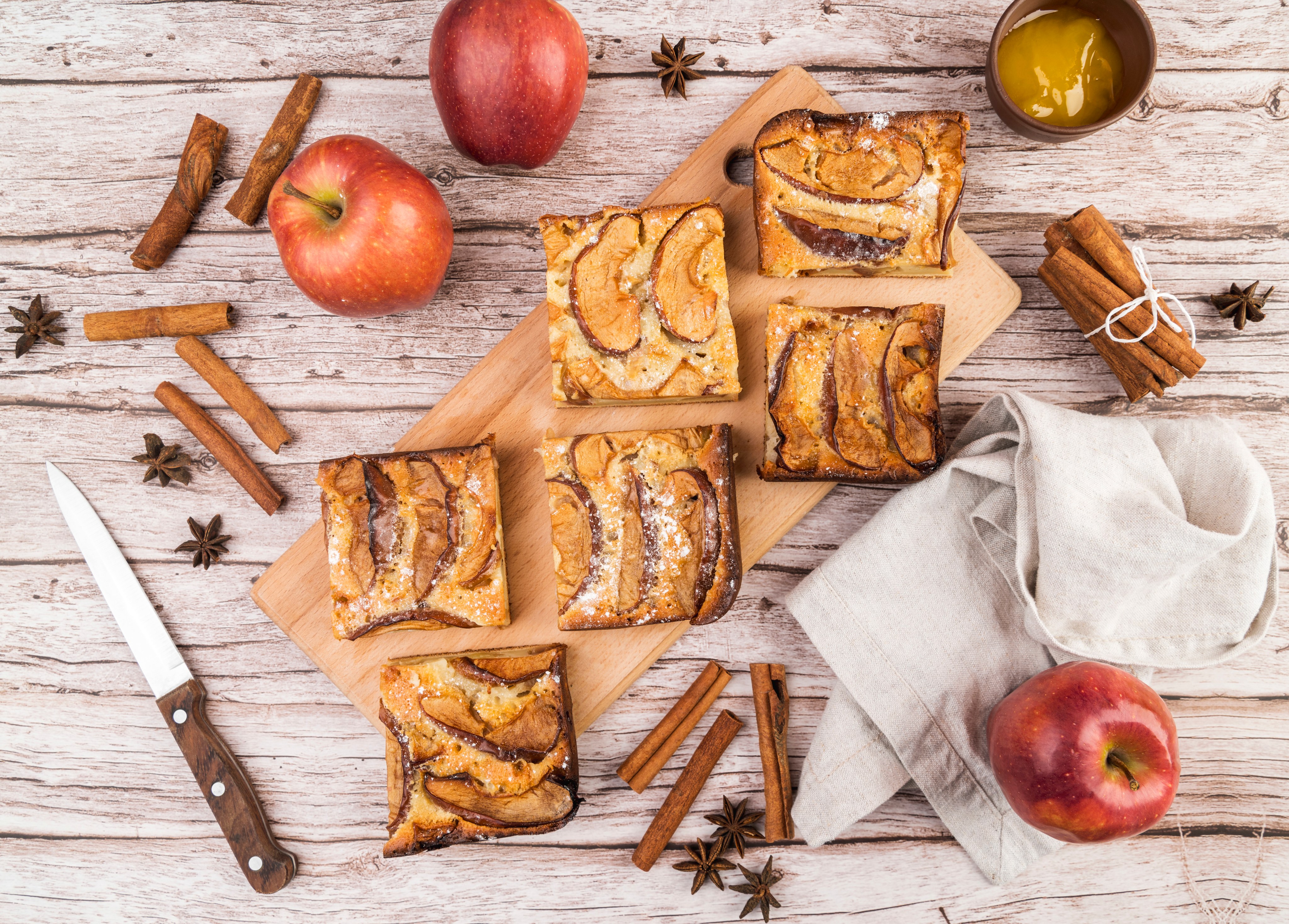 top view tasty pieces cake apples