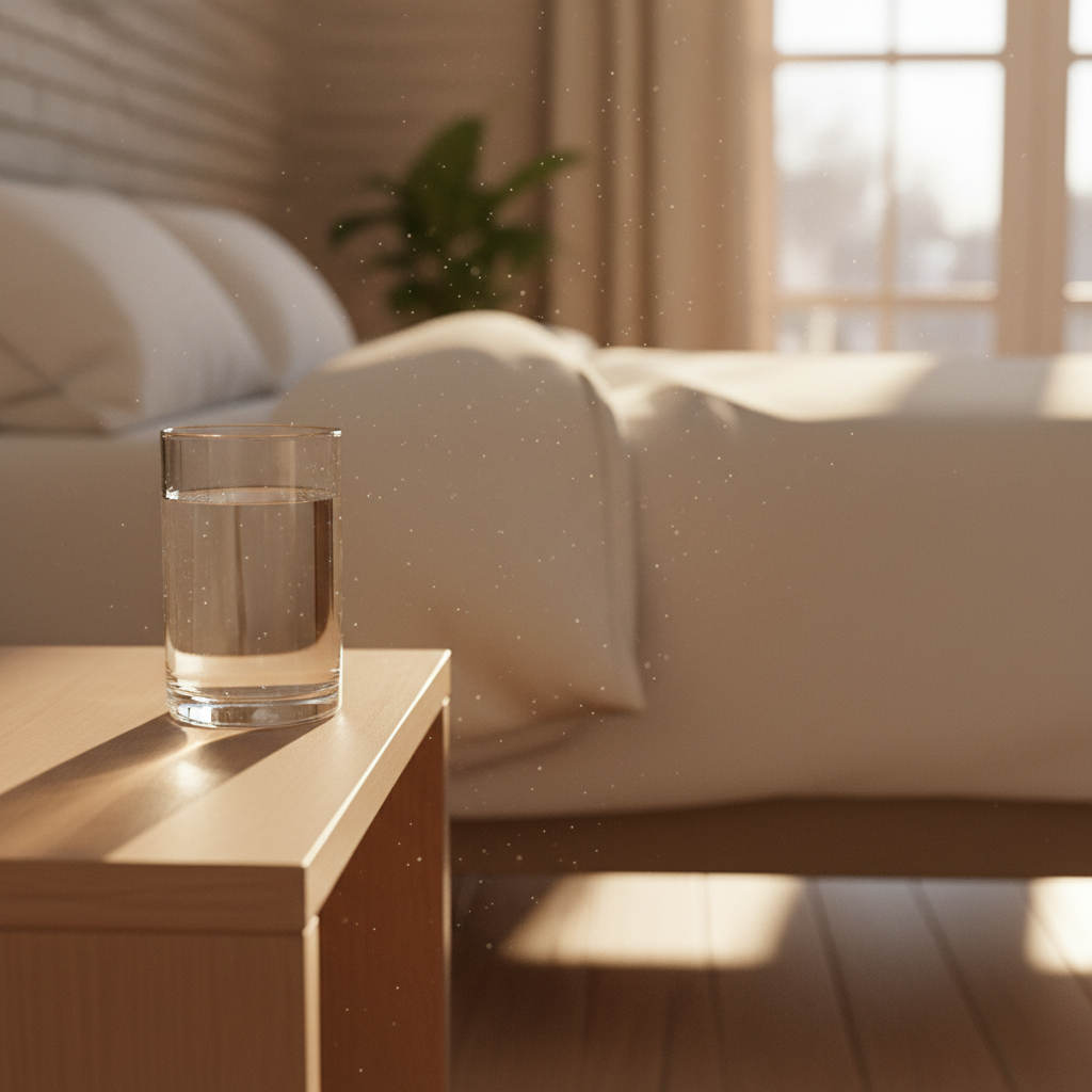 ženska zjutraj pije kozarec vode v svoji spalnici