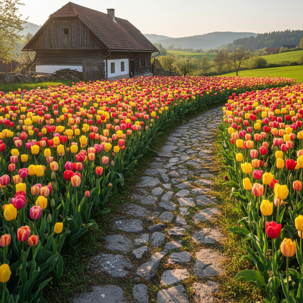 tulipani v slovenskem vrtu v sloveniji. brez zastav, notsalgičen občutek