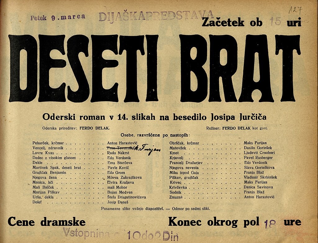 Plakat predstave Deseti brat v Narodnem gledališču v Mariboru 9. marca 1934
