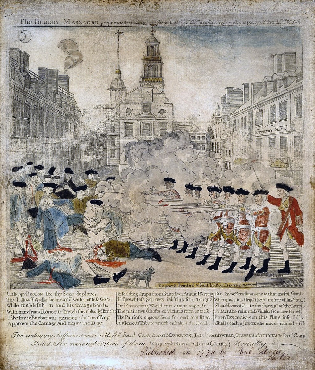 Umetniška upodobitev Bostonskega pokola - Foto: Engrav'd Printed & Sold by Paul Revere Boston Wikimedia / Javna domena