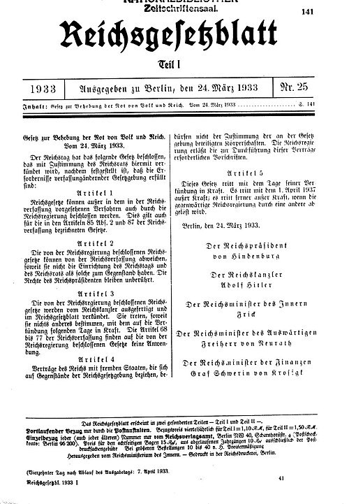 Zakon o pooblastilih iz leta 1933, objavljen v Reich Law Gazette - Foto: Wikimedia / Javna domena