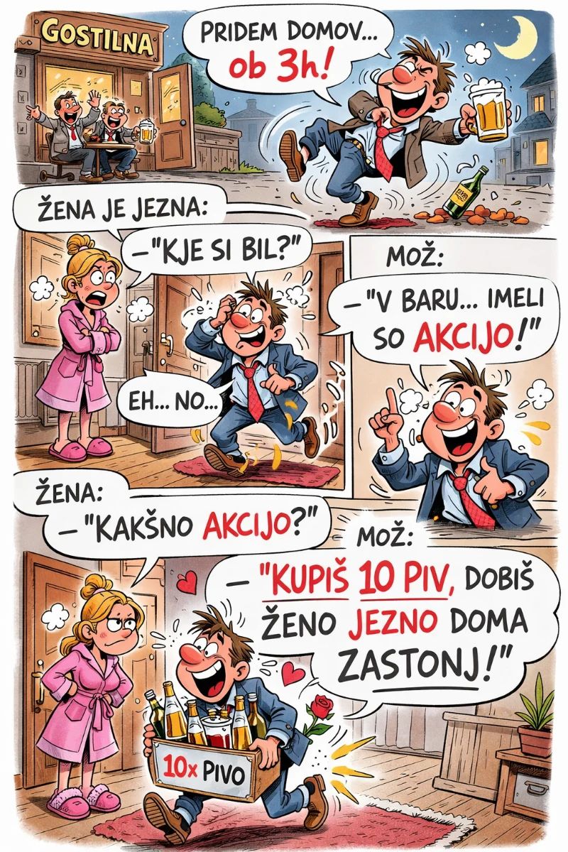 Strip o možu, ki pride pijan domov in razloži barsko “akcijo” – Foto: ilustracija