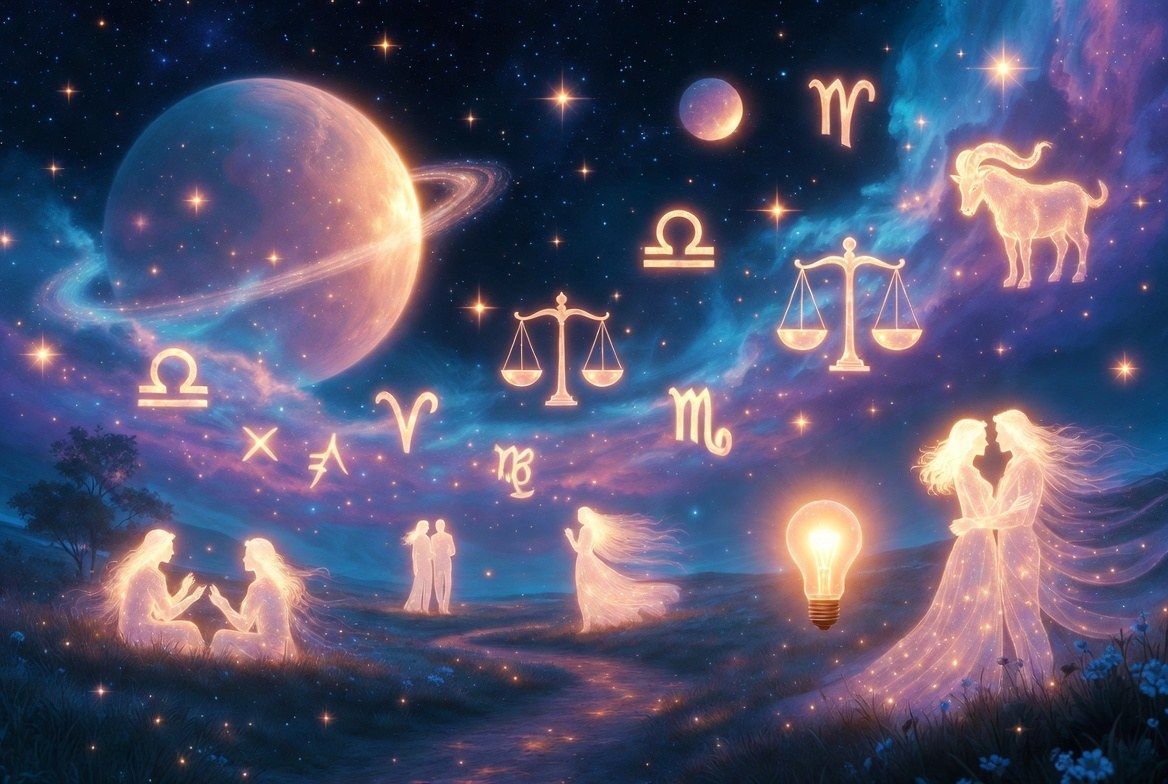 Ilustracija tedenskega horoskopa z zodiaki in planeti